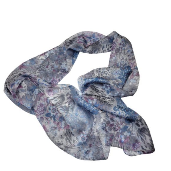 Blue Floral Print Fashion Rectangular Scarf - Picture 3 of 7